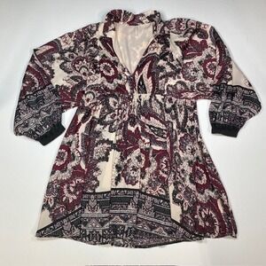 Free People Womens Boho Paisley Print Kimono Sleeve V Neck Smocked Waist Dress M